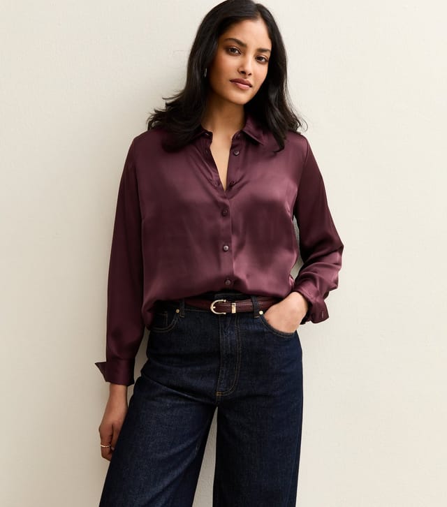 New Look Women's Dark Burgundy Satin Long Sleeve Shirt New Look - 2