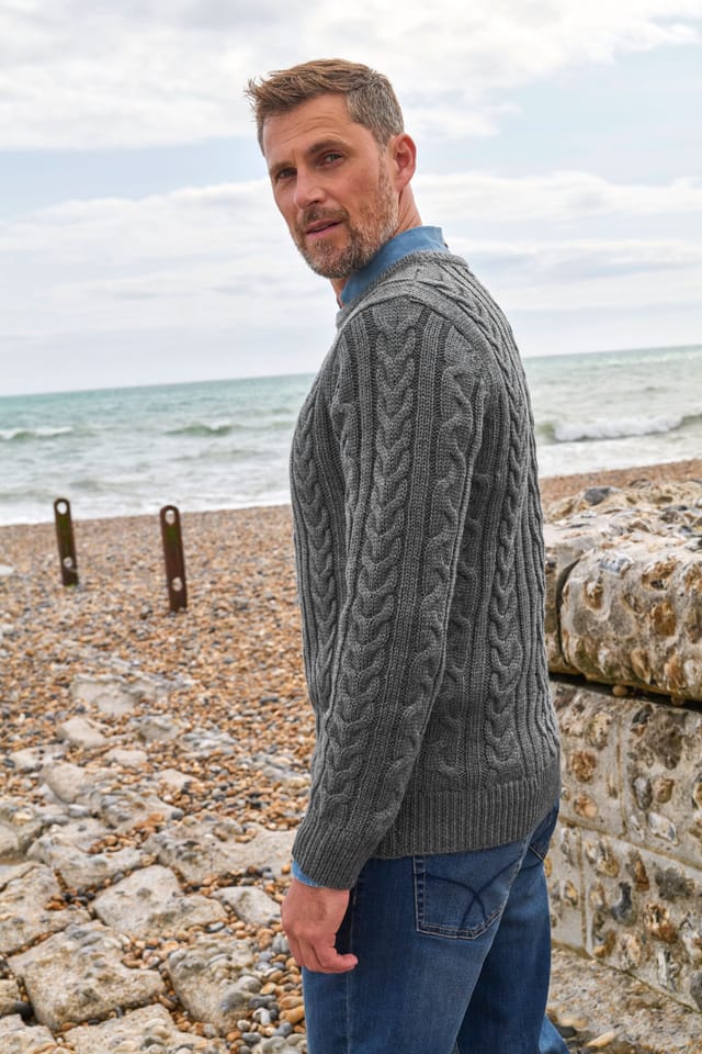 WoolOvers WoolOvers Men's Pure Wool Aran Sweater in Grey - 3