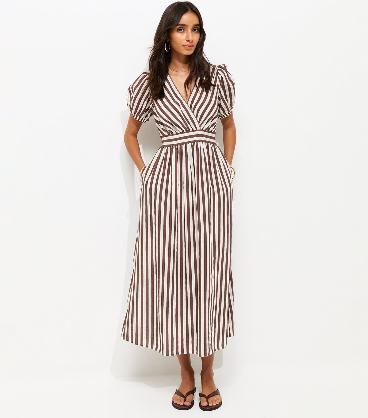 New Look Women's Brown Striped Wrap Midi Dress New Look