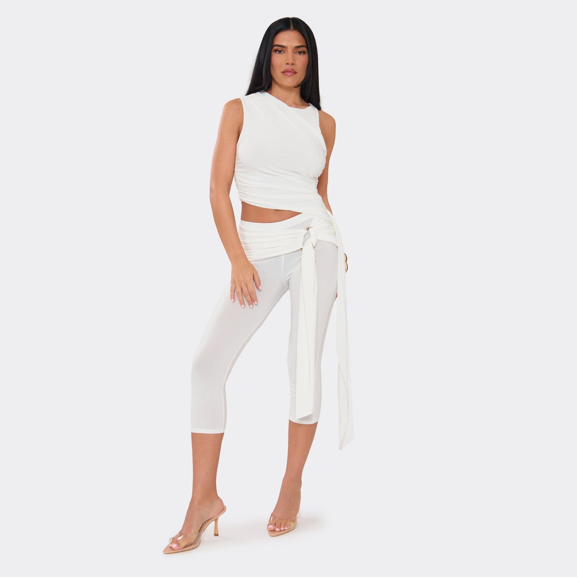 EGO Low Rise Trim Drape Detail Capri Trousers In White Slinky, Women's Size UK 6