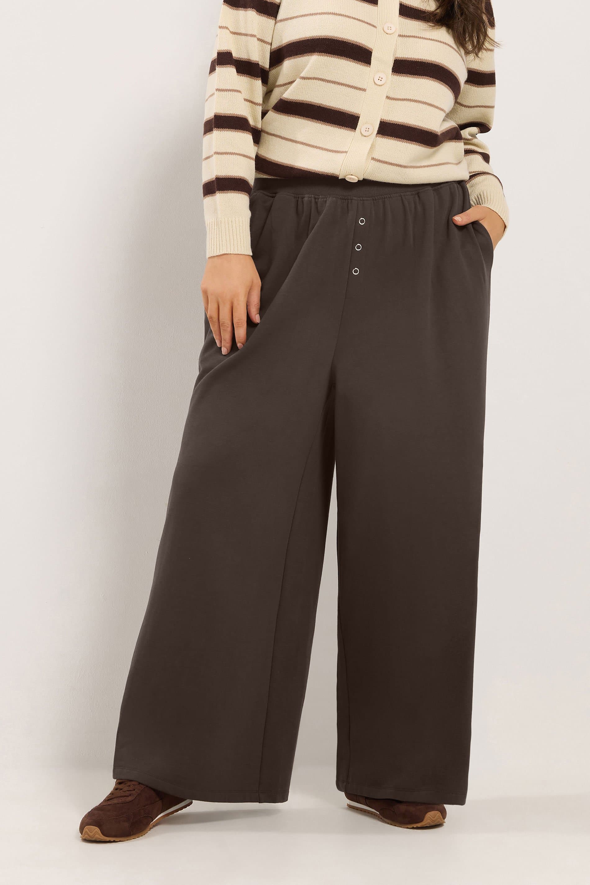 Yours Plus Size Chocolate Brown Popper Detail Joggers