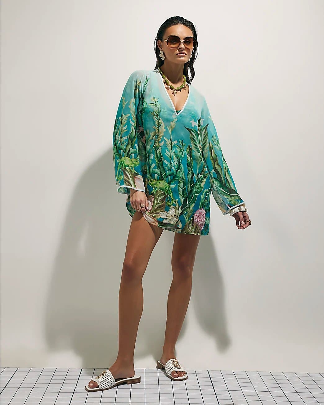 River Island River Island Womens Blue Lotus Print Beach Tunic