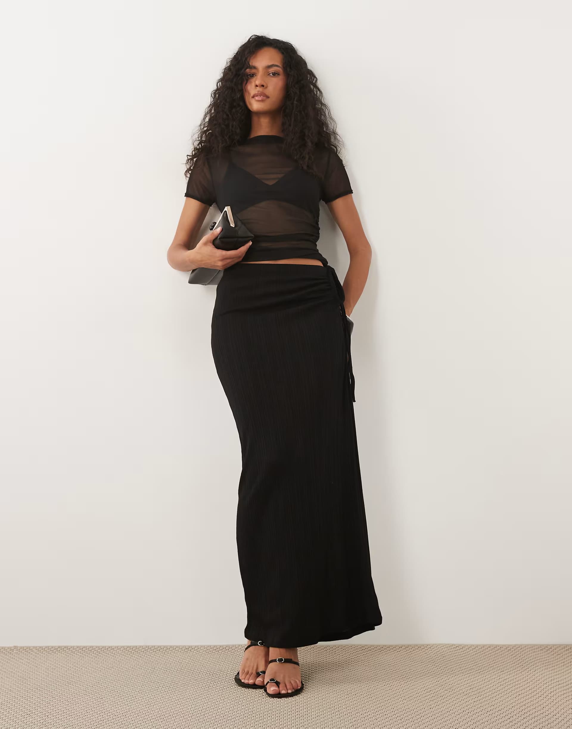 ASOS Gina Tricot tie detail ruched maxi skirt in black
