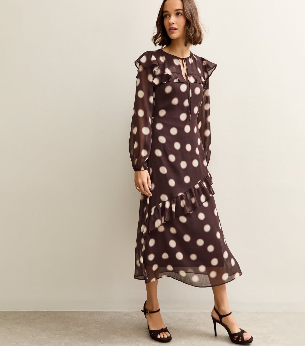 New Look Women's Brown Chiffon Blurred Polka Dot Midi Dress New Look
