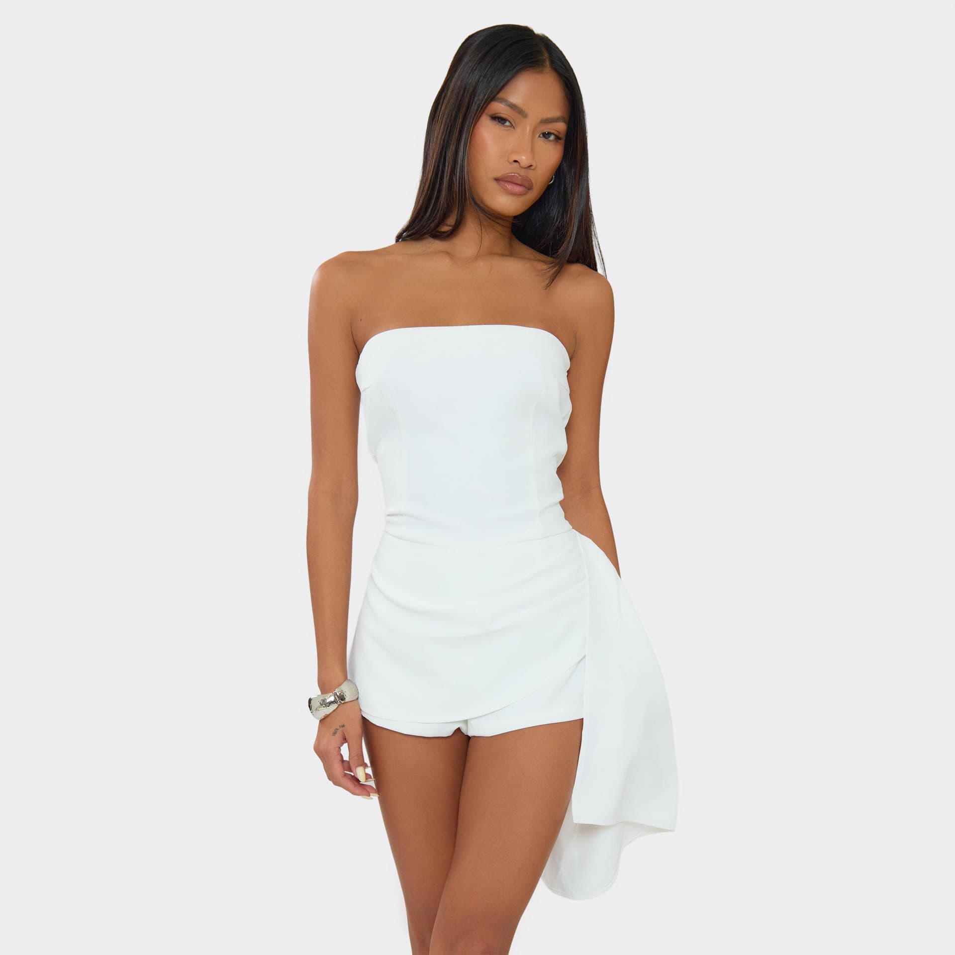 EGO Bandeau Ruched Drape Playsuit In Cream Woven, Women's Size UK 6