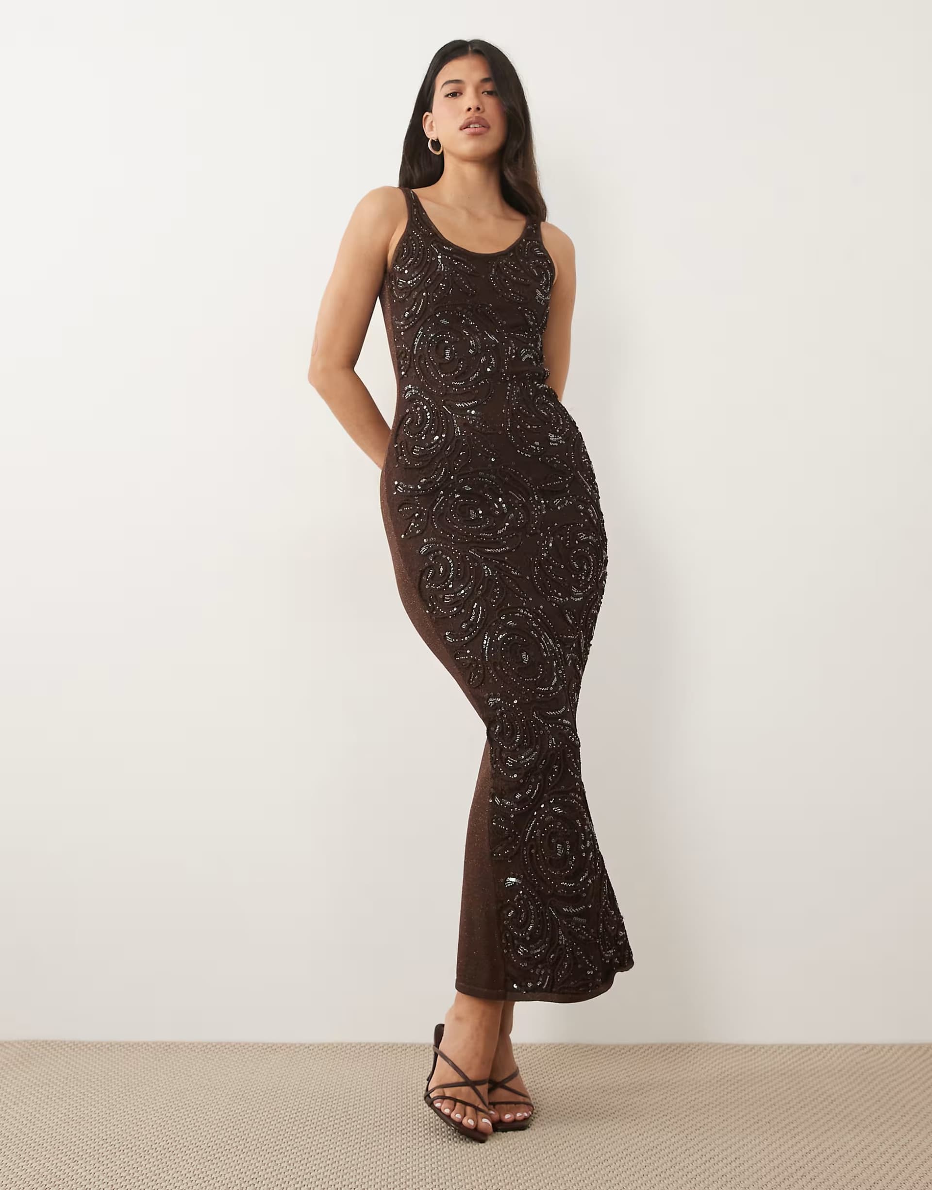 ASOS Wanderdoll Calla abstract sequin embroidered knitted maxi dress in chocolate