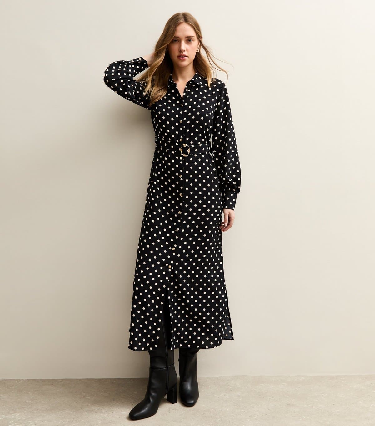 New Look Women's Black Polka Dot Buckle Shirt Midi Dress New Look