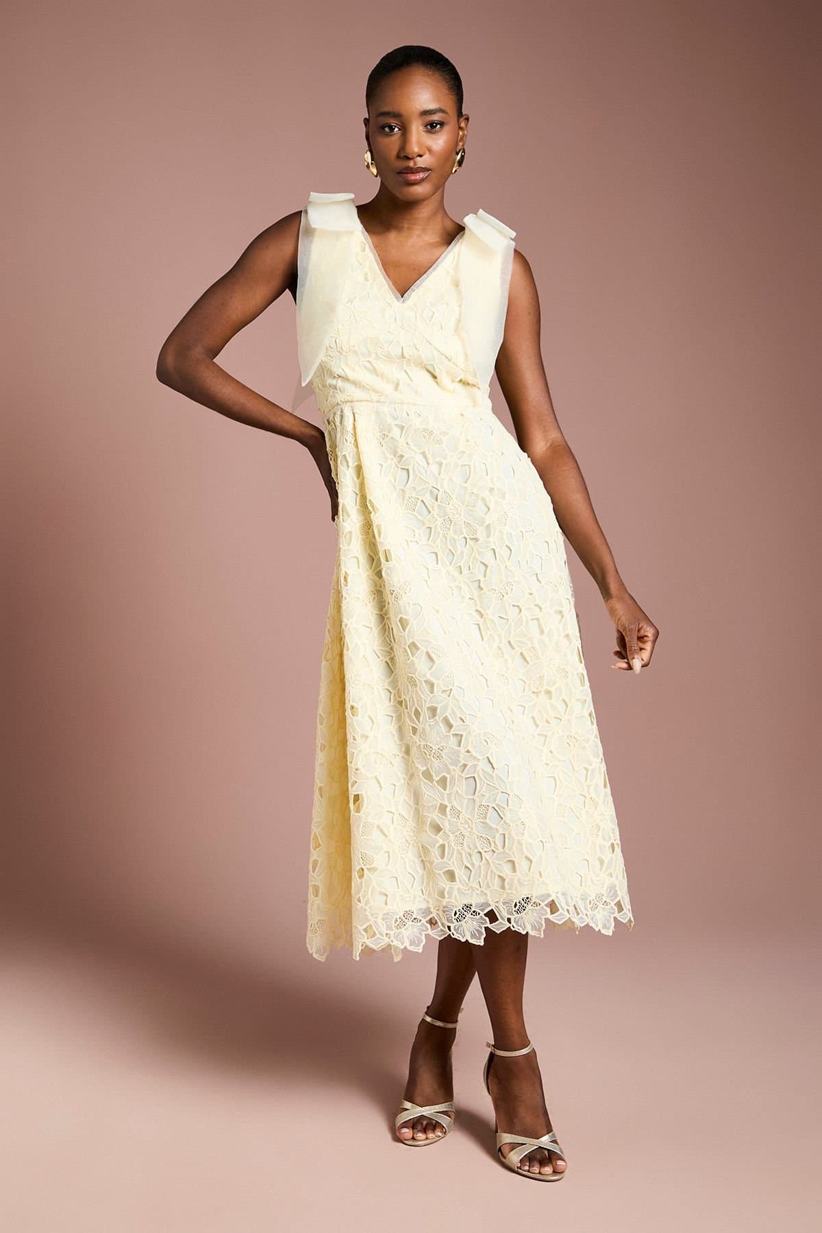 Coast Coast Women's Shoulder Organza Lace Midi Dress in Lemon