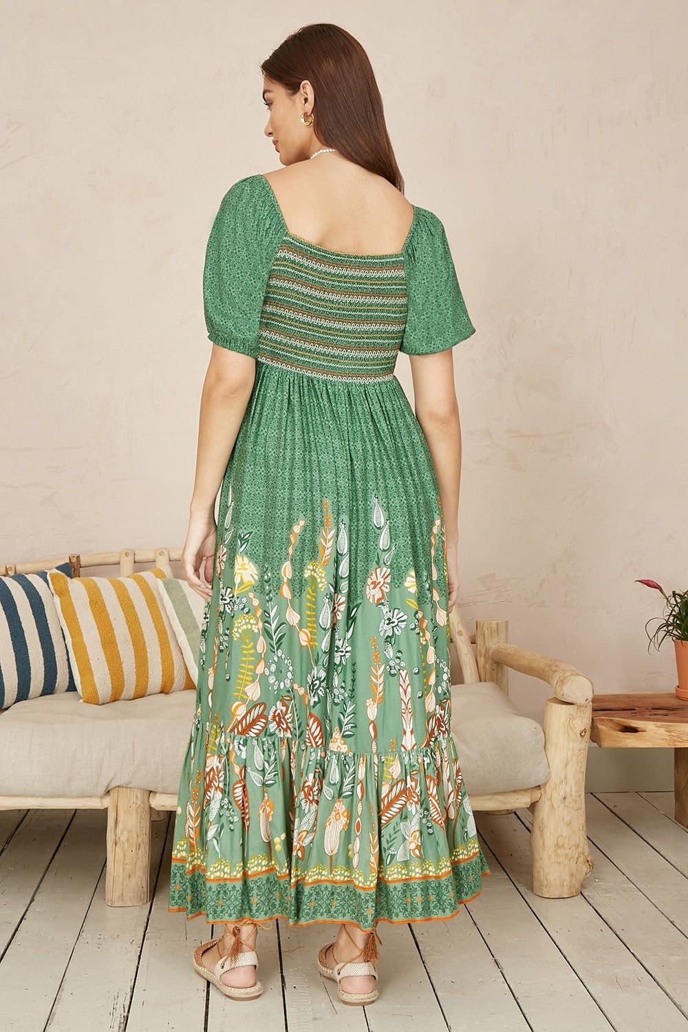 Yumi Yumi Women's Green Ruched Leaf Print Maxi Dress With Puff Sleeves - 4