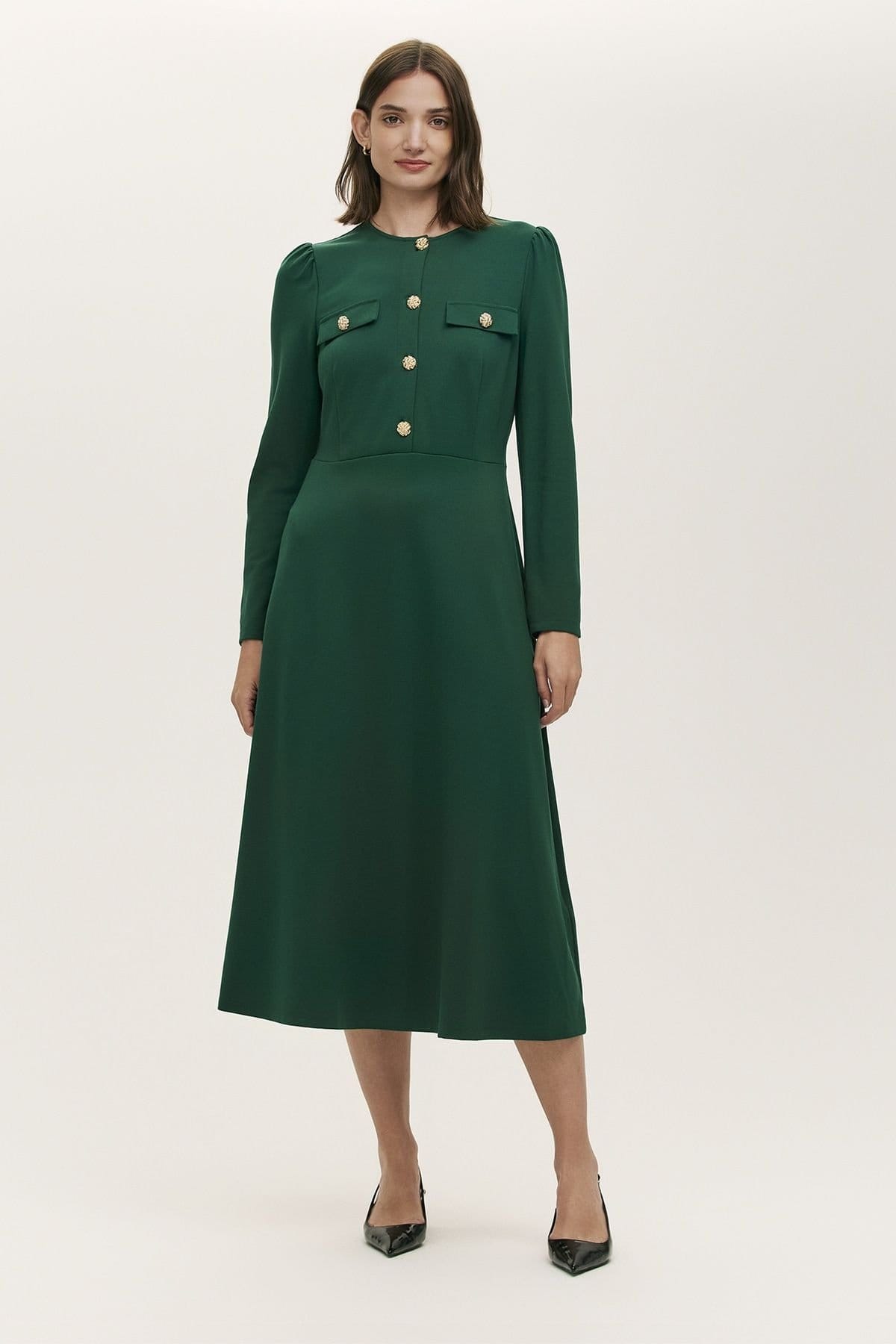 Finery London Finery London Women's Petite Gilly Ponte Jersey Midi Dress in Bottle Green - 1