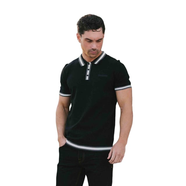 Lambretta Lambretta Men's Valero Knitted Tipped Short-Sleeved Polo Shirt in Black - 3