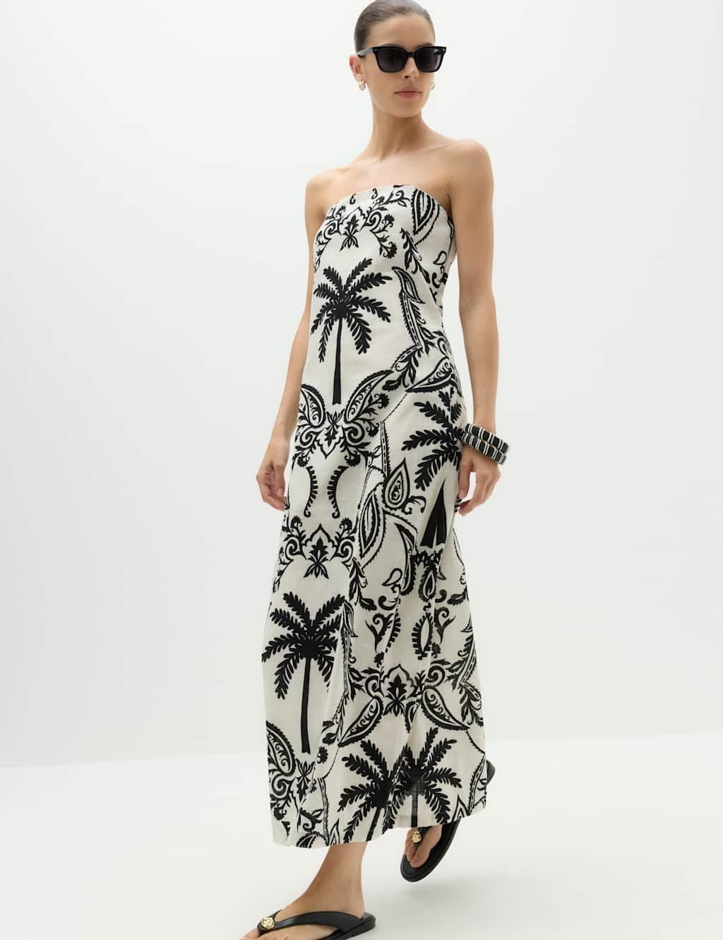 Marks & Spencer M&S Black Mix Printed Cotton Midi Bandeau Dress
