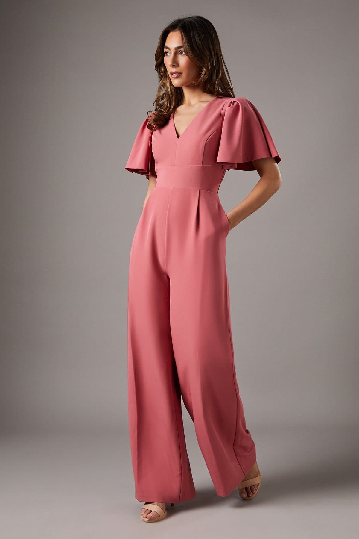 Coast Coast Women's Flutter Sleeve Plunge Jumpsuit in Rose