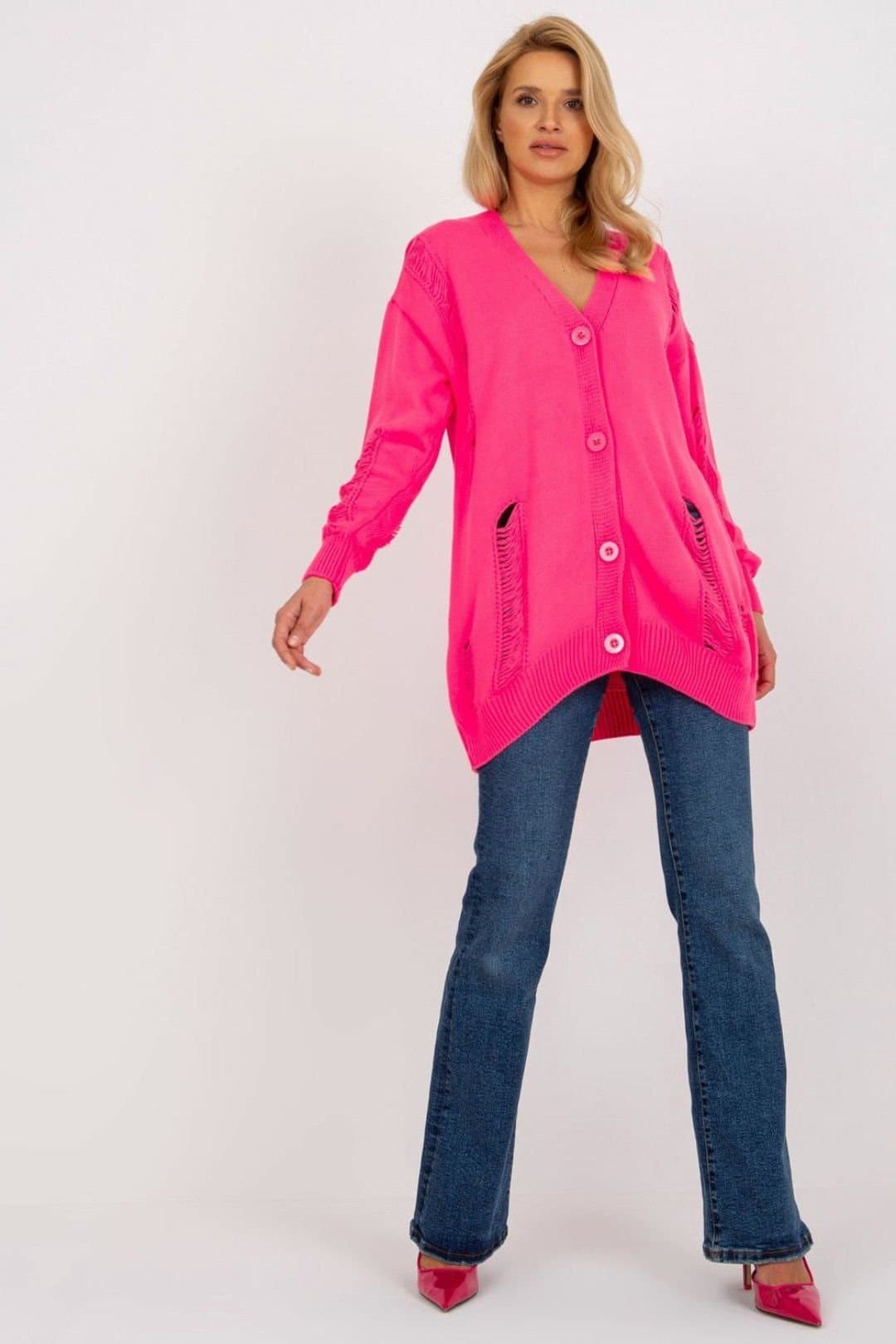 Love Lace Love Lace Women's Heart Neck Button Down Cardigan with Holes in Pink