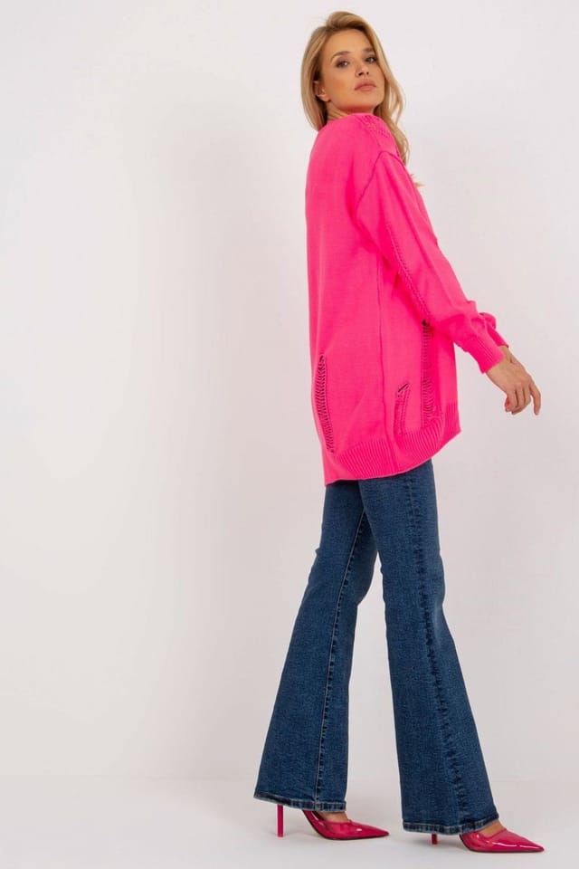 Love Lace Love Lace Women's Heart Neck Button Down Cardigan with Holes in Pink - 2