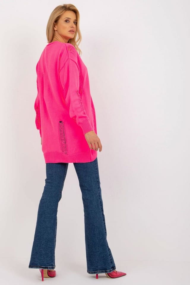 Love Lace Love Lace Women's Heart Neck Button Down Cardigan with Holes in Pink - 3