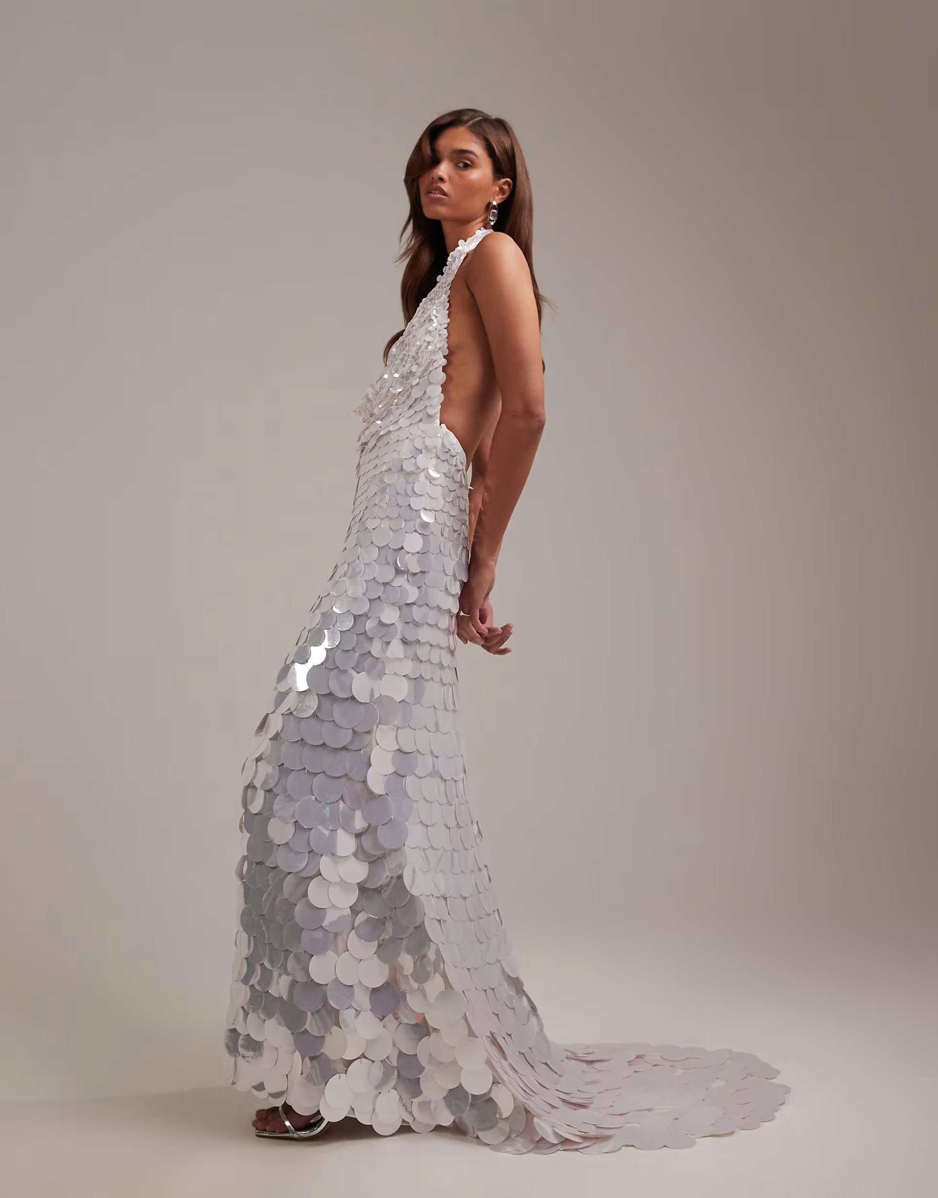 ASOS ASOS DESIGN large disc sequin plunge neck halter maxi wedding dress in white - 1