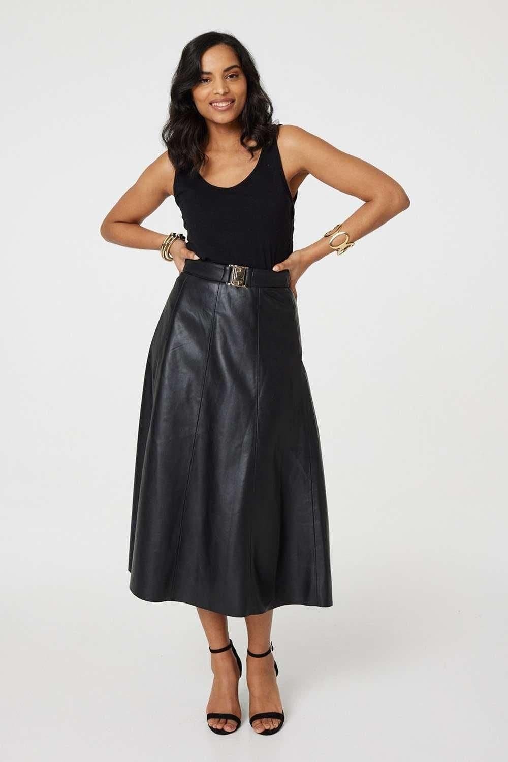 Izabel London Izabel London Women's Faux Leather Belted Midi Skirt in Black