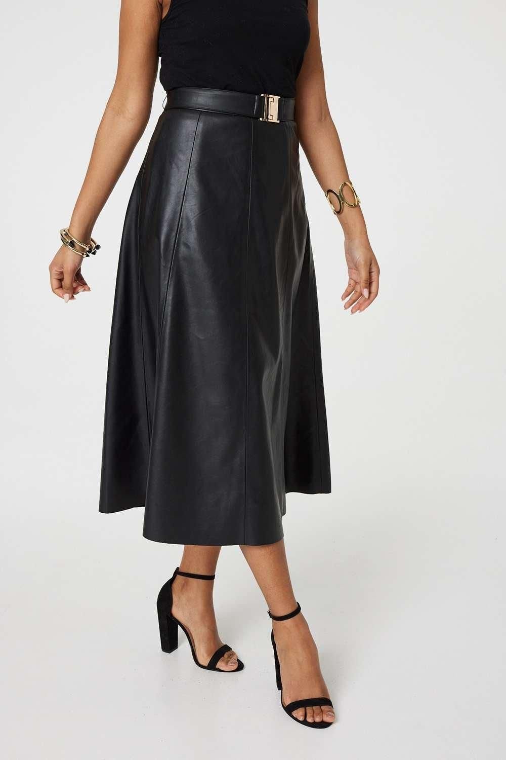 Izabel London Izabel London Women's Faux Leather Belted Midi Skirt in Black - 4