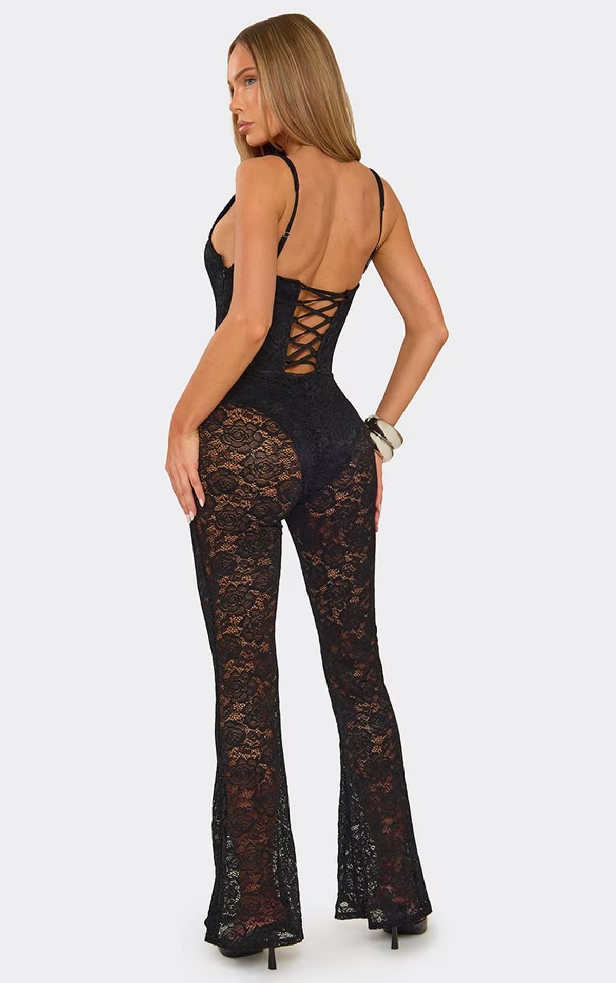 EGO Strappy Corseted Lace Up Back Detail Flared Leg Jumpsuit In Black Lace, Women's Size UK 6