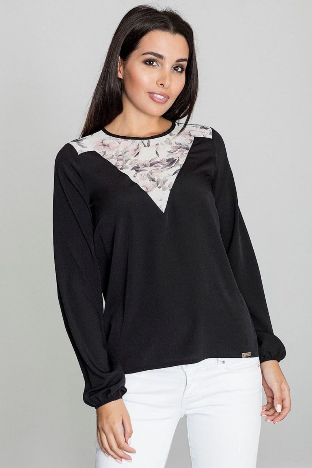 Love Lace Love Lace Women's Blouse With Pattern Neckline & Back Slit in Black