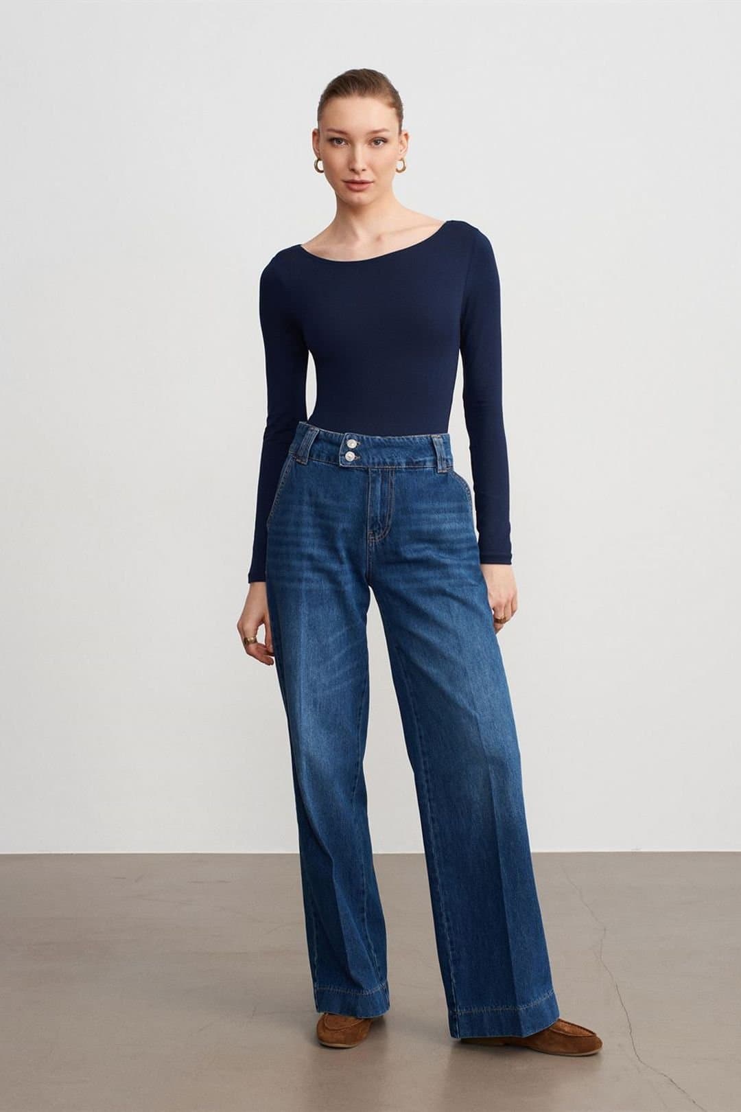 Dilvin Dilvin Women's High Waist Wide Leg Cotton Denim Jeans in Mid Blue