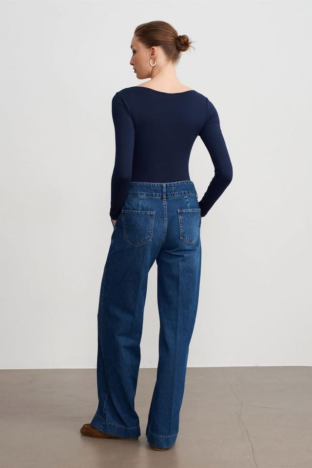 Dilvin Dilvin Women's High Waist Wide Leg Cotton Denim Jeans in Mid Blue - 2