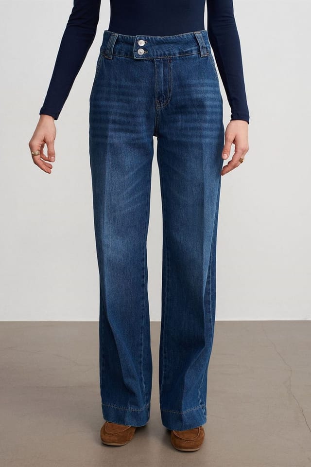 Dilvin Dilvin Women's High Waist Wide Leg Cotton Denim Jeans in Mid Blue - 3