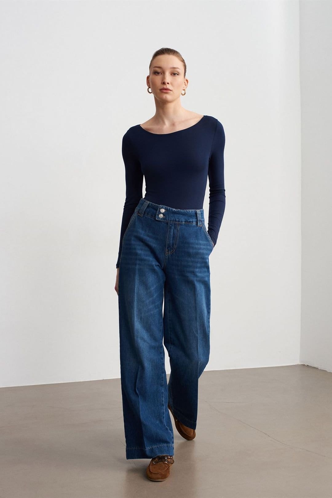 Dilvin Dilvin Women's High Waist Wide Leg Cotton Denim Jeans in Mid Blue - 4