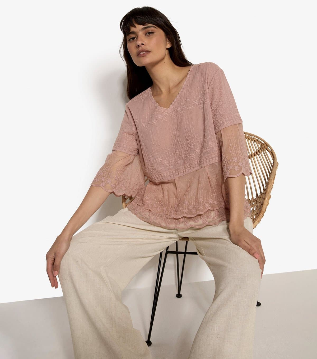 Apricot Apricot Light Pink Floral Embroidered Blouse