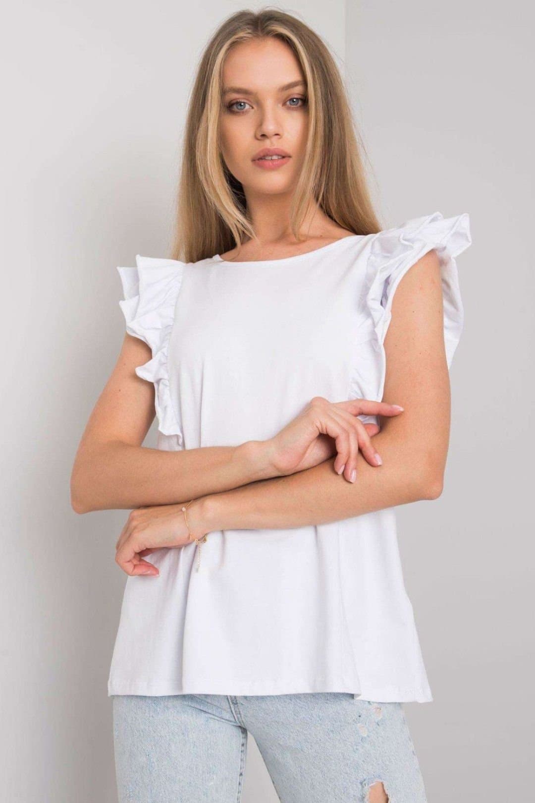 Love Lace Love Lace Women's Short Sleeve Frill Blouse with Back Cutout Trim in White