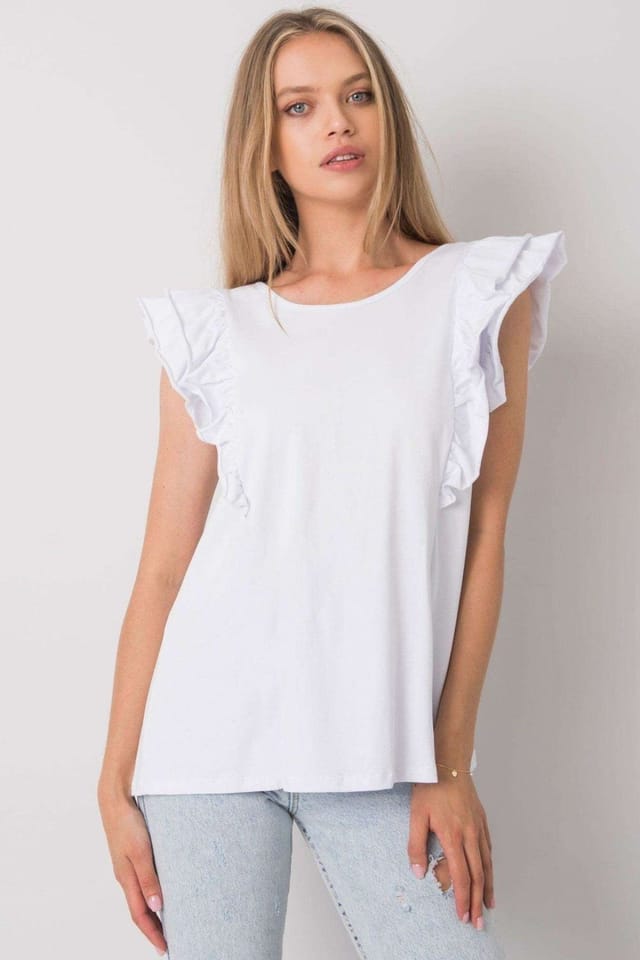 Love Lace Love Lace Women's Short Sleeve Frill Blouse with Back Cutout Trim in White - 2
