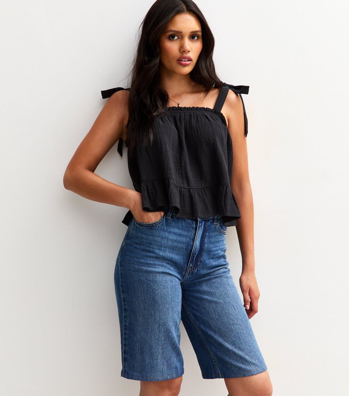 New Look Women's Black Textured Tiered Hem Tie Strap Top New Look