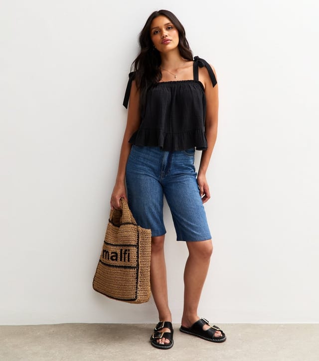 New Look Women's Black Textured Tiered Hem Tie Strap Top New Look - 3