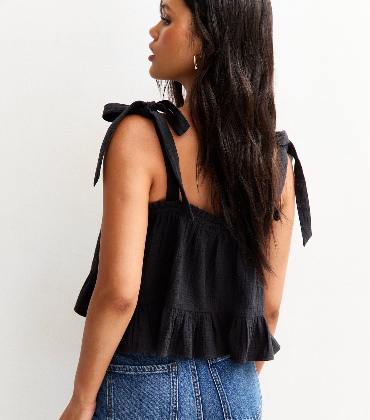 New Look Women's Black Textured Tiered Hem Tie Strap Top New Look - 4