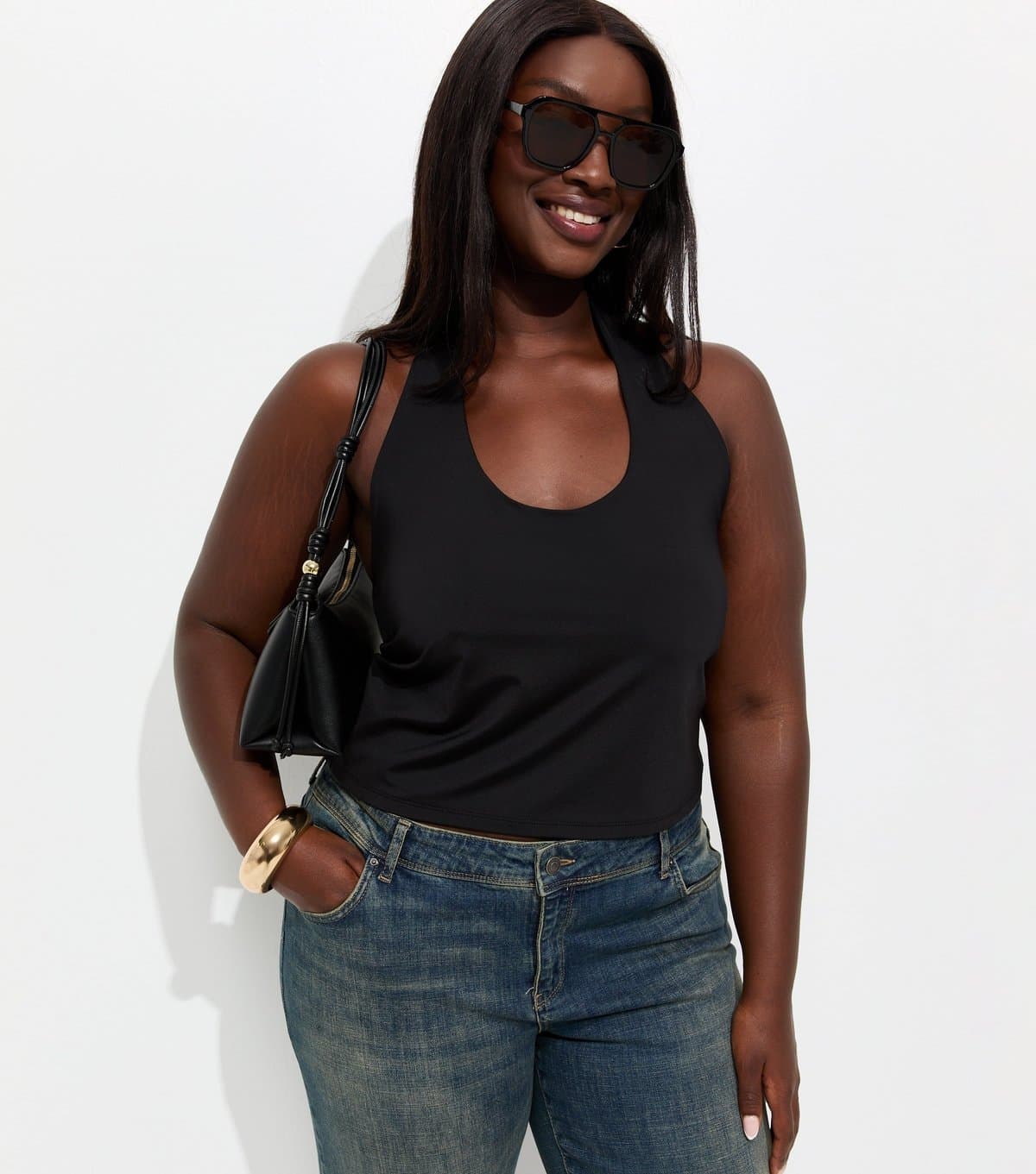New Look Women's Plus Size Black Jersey Halter Neck Vest Top Curves New Look