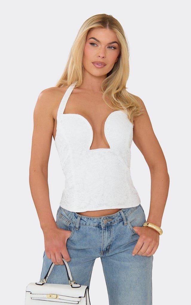 EGO Plunge Halterneck Corset Top In White Lace, Women's Size UK 6 - 2