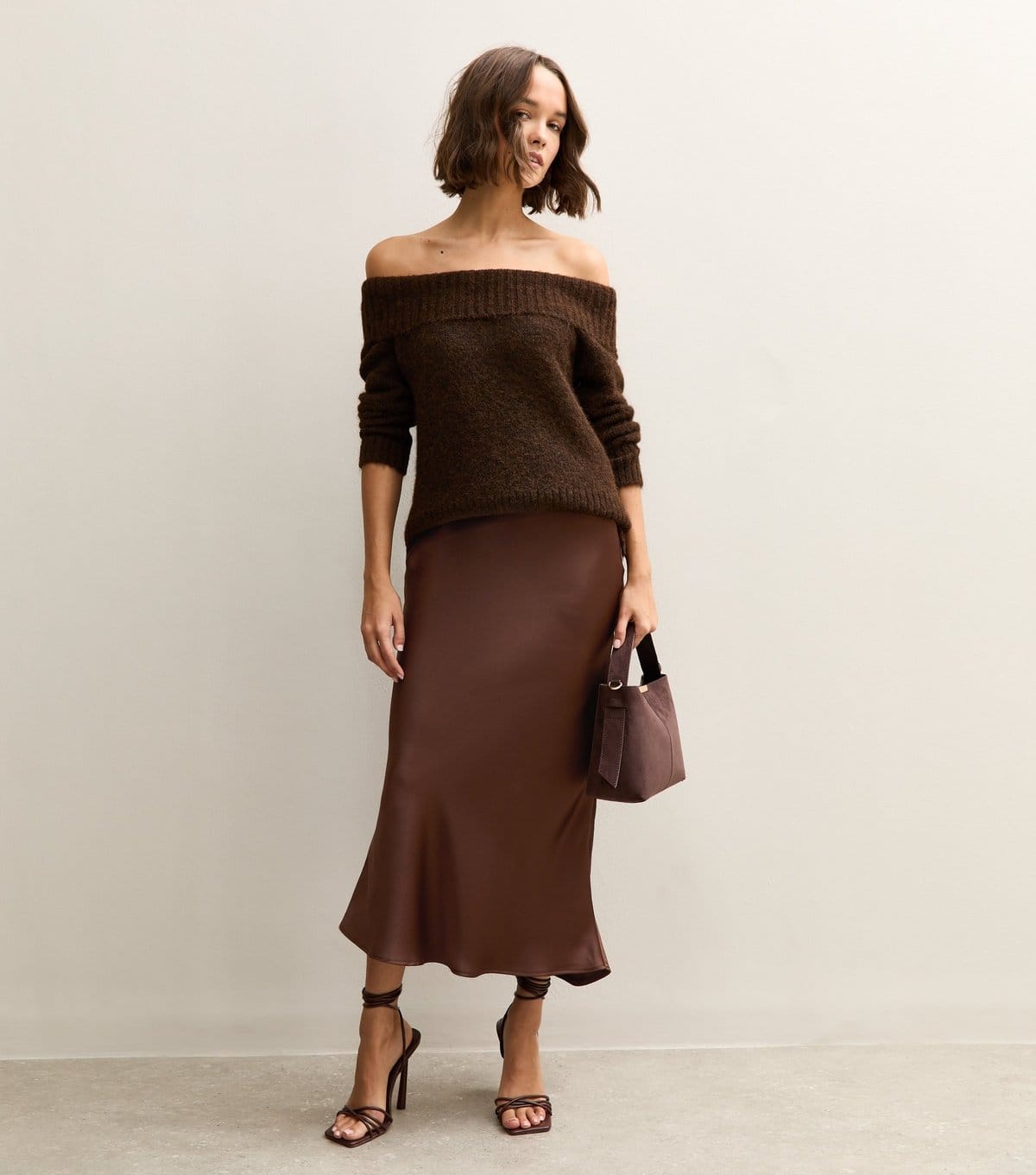 New Look Dark Brown Satin Midi Skirt