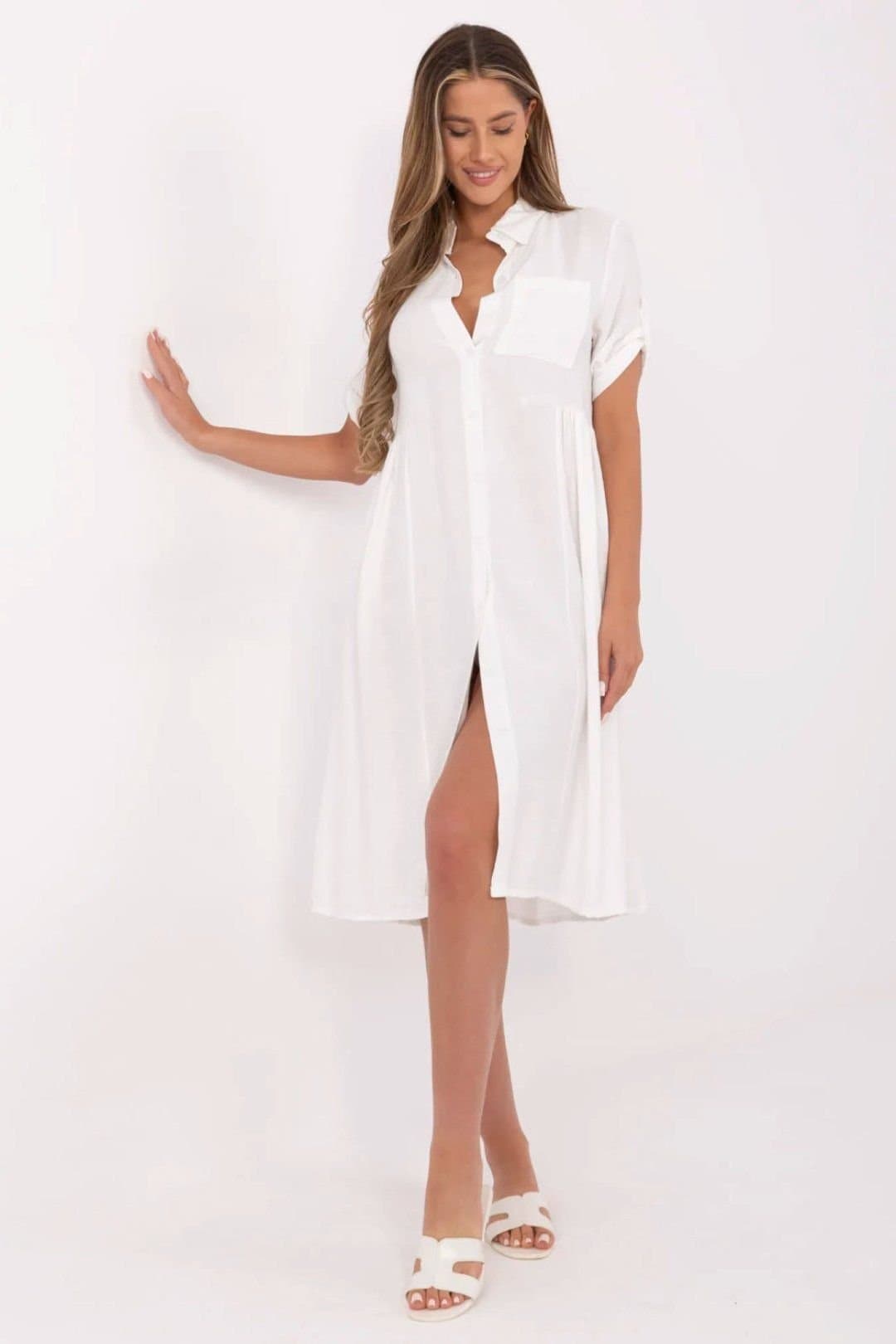 Love Lace Love Lace Women's Viscose Nylon Flared Midi Shirt Dress in White
