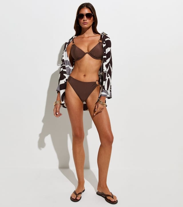 New Look Women's Dark Brown Hammered Golden Ring Hipster Bikini Bottoms New Look - 3