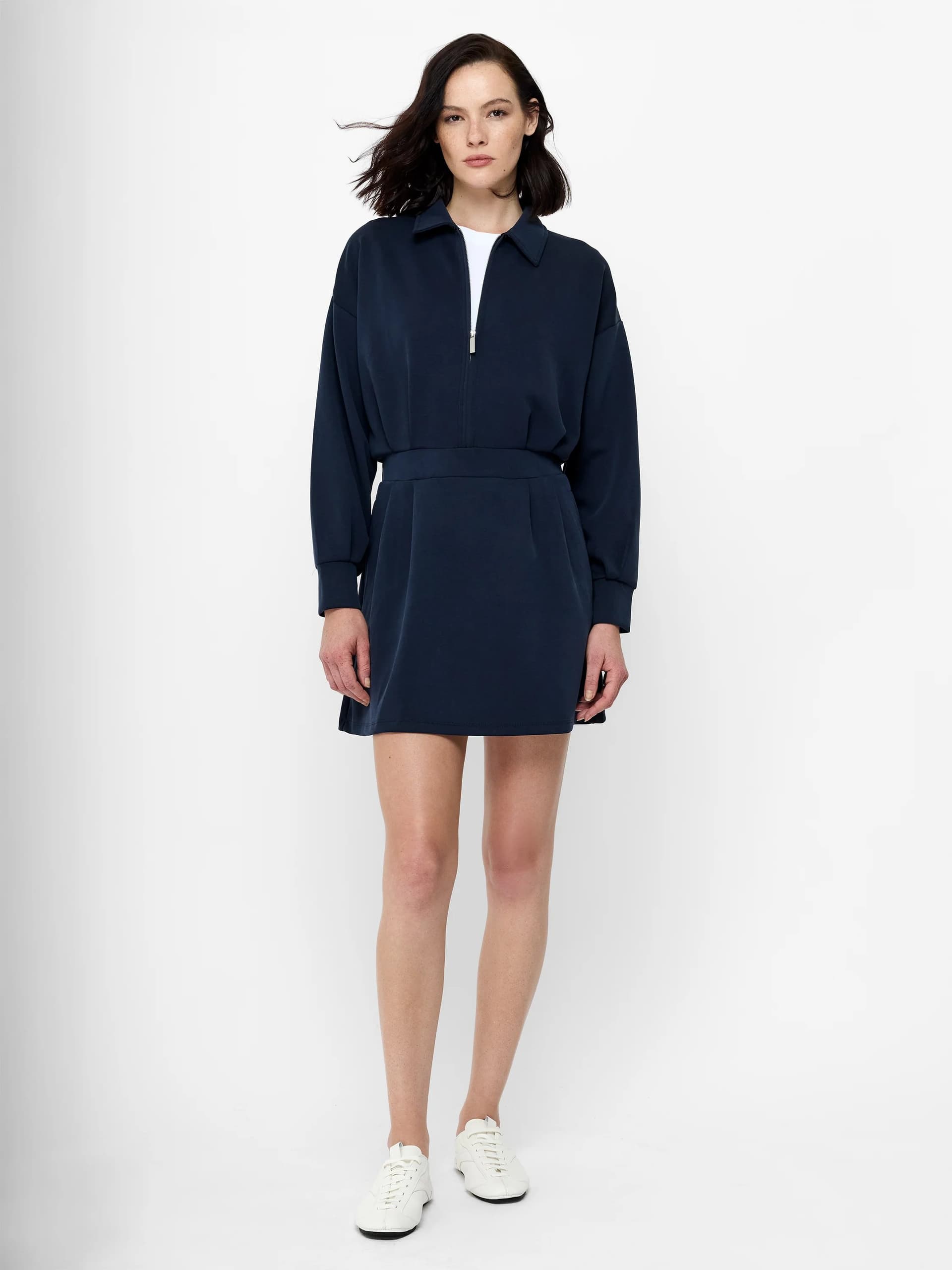 French Connection Wren Navy Jersey Half Zip Mini Dress New Navy