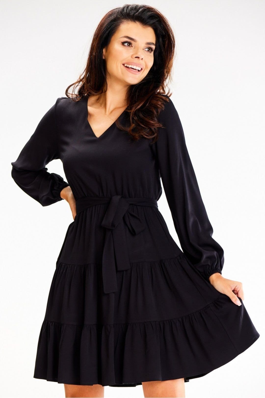 Love Lace Black Satin Long Sleeve Ruffle Waist Tie Day Dress