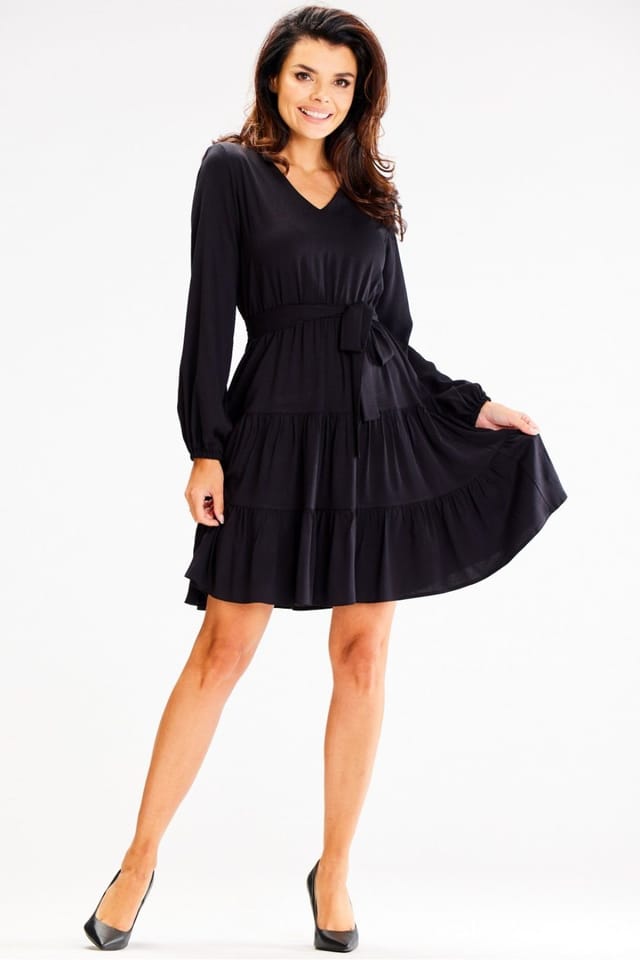 Love Lace Love Lace Women's Long Sleeve Ruffle Waist Tie Day Dress in Black - 2