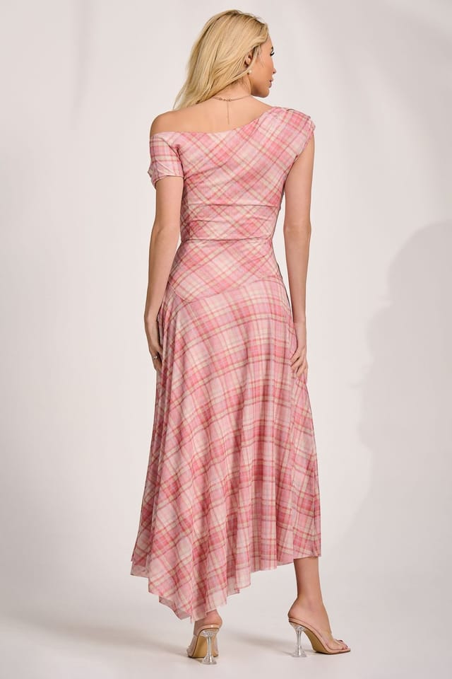 Jolie Moi Jolie Moi Women's Asymmetric Draped Mesh Maxi Dress in Light Pink - 2