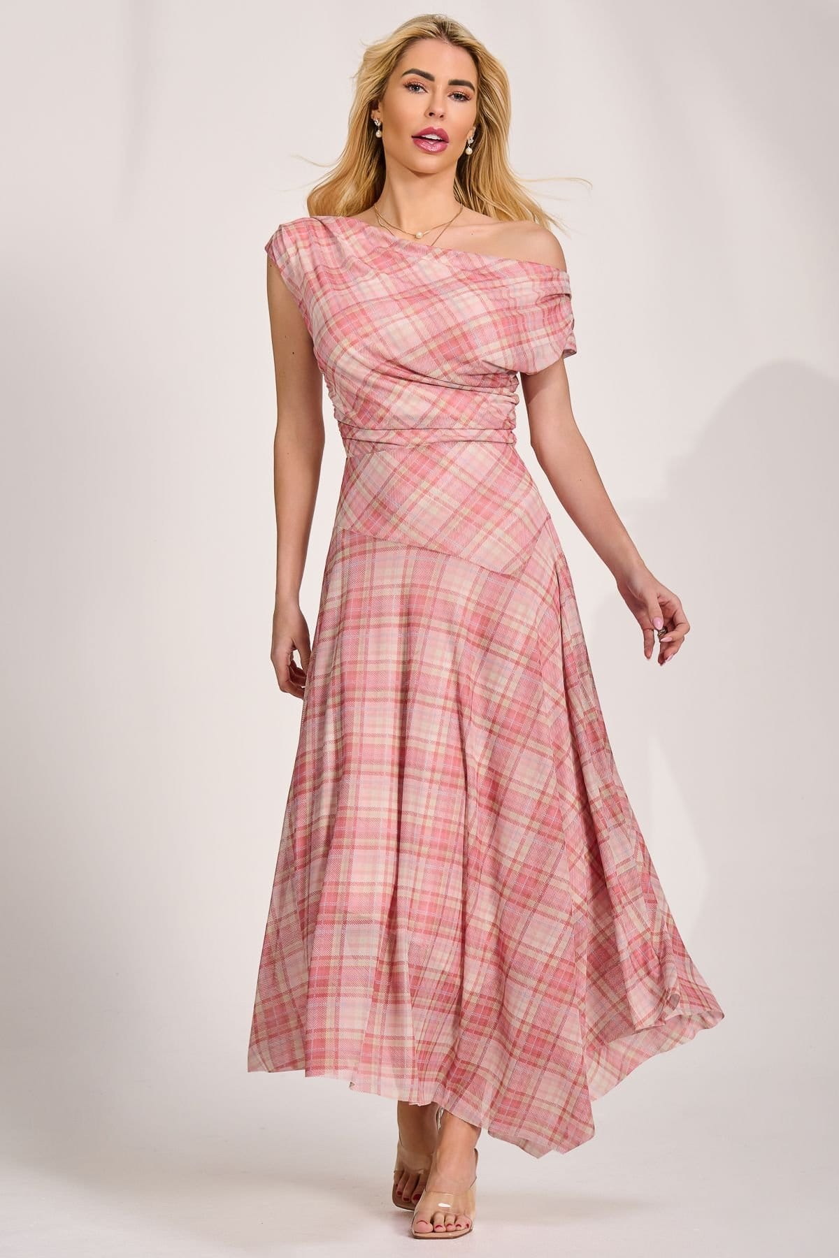 Jolie Moi Jolie Moi Women's Asymmetric Draped Mesh Maxi Dress in Light Pink - 4
