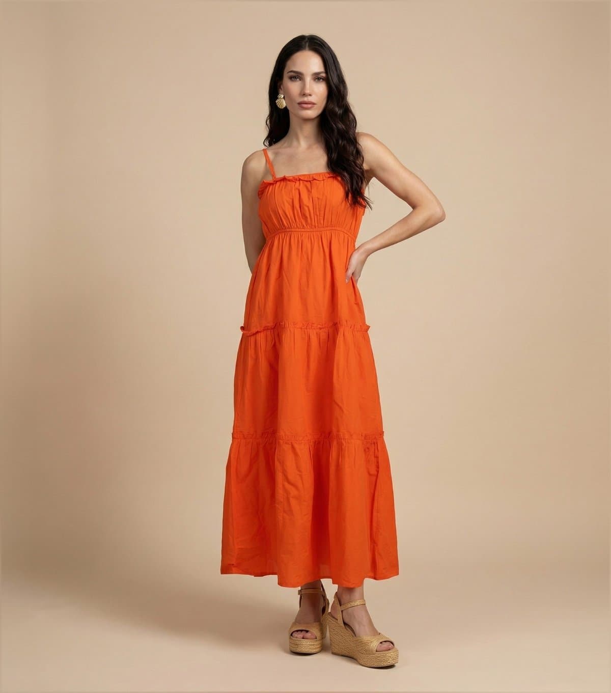 Urban Bliss Women's Bright Orange Cotton Ruched Tiered Maxi Dress Urban Bliss New Look