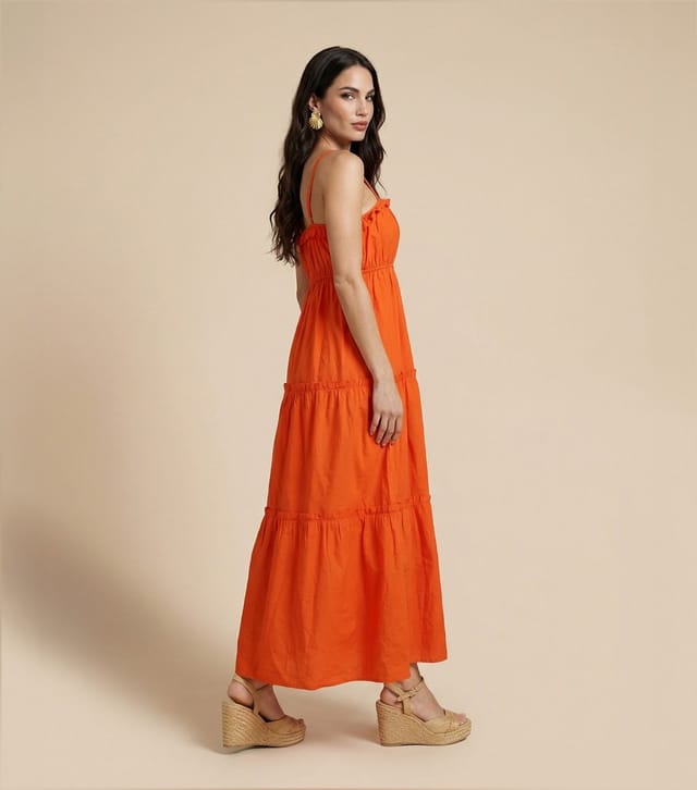 Urban Bliss Women's Bright Orange Cotton Ruched Tiered Maxi Dress Urban Bliss New Look - 2
