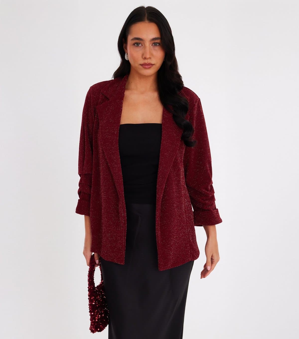 Quiz Quiz Burgundy Glitter Ruched Blazer