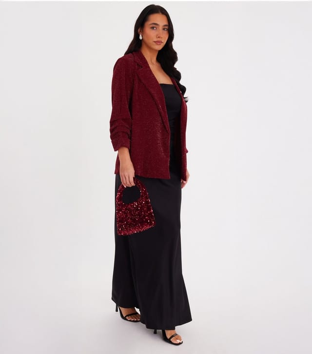 Quiz Women's Burgundy Glitter Ruched Blazer Quiz New Look - 2