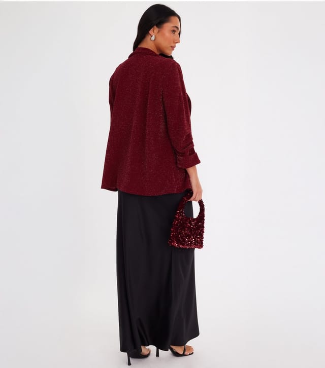 Quiz Women's Burgundy Glitter Ruched Blazer Quiz New Look - 3